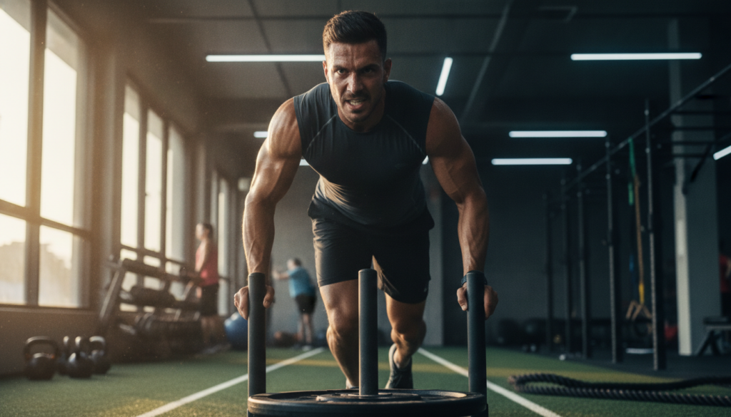 A person performing a high-intensity interval training HIIT workout showing sweat and determination in a gym setting