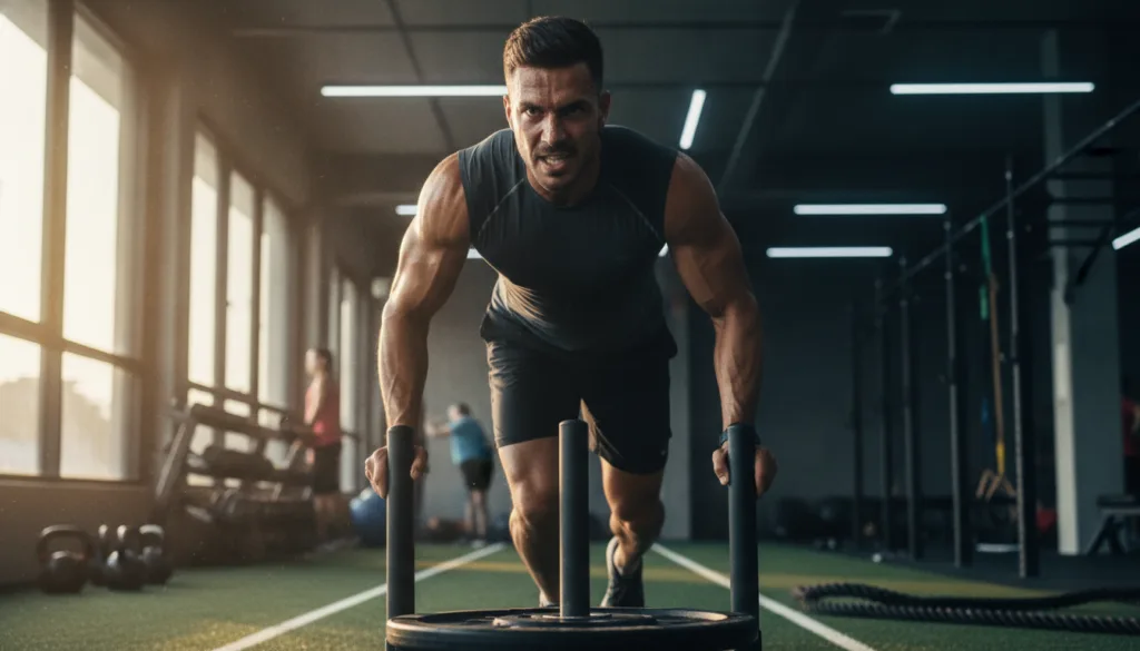 A person performing a high-intensity interval training HIIT workout showing sweat and determination in a gym setting