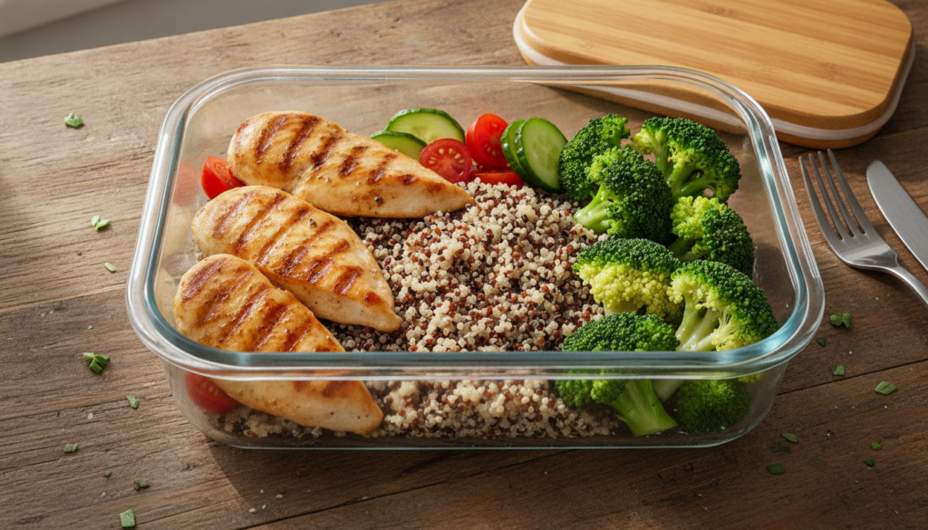 A colorful balanced meal prep container with lean protein vegetables and complex carbohydrates