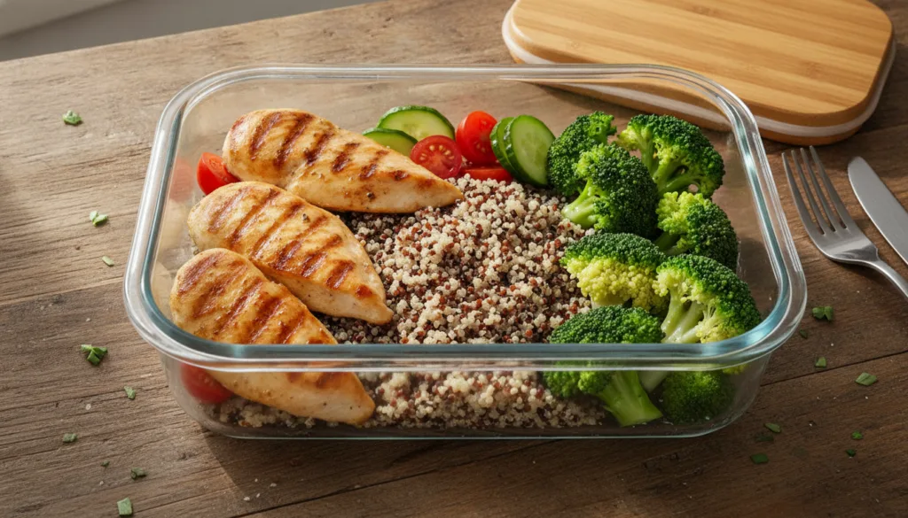 A colorful balanced meal prep container with lean protein vegetables and complex carbohydrates