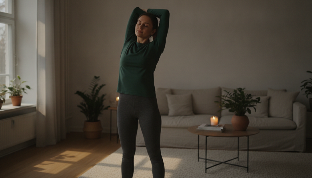 A person stretching gently after an evening workout perhaps touching their toes or doing a tricep stretch in a calm dim-