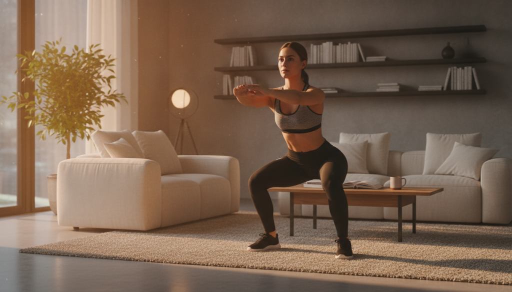 A woman performing a bodyweight exercise like a squat or lunge in a cozy modern living room bathed in the warm glow of e