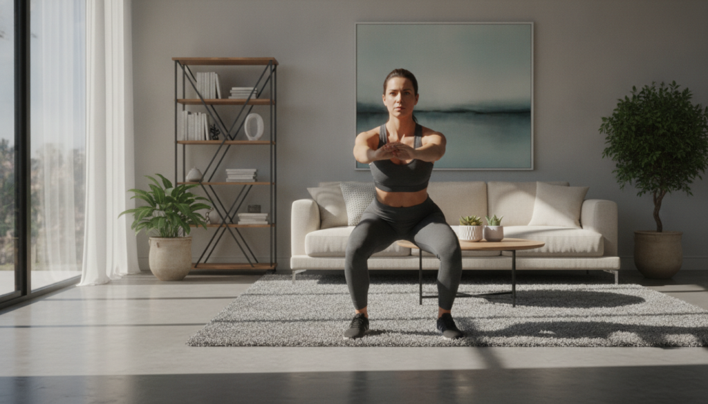 A person demonstrating a bodyweight squat in a bright modern living room with natural light coming through a window The