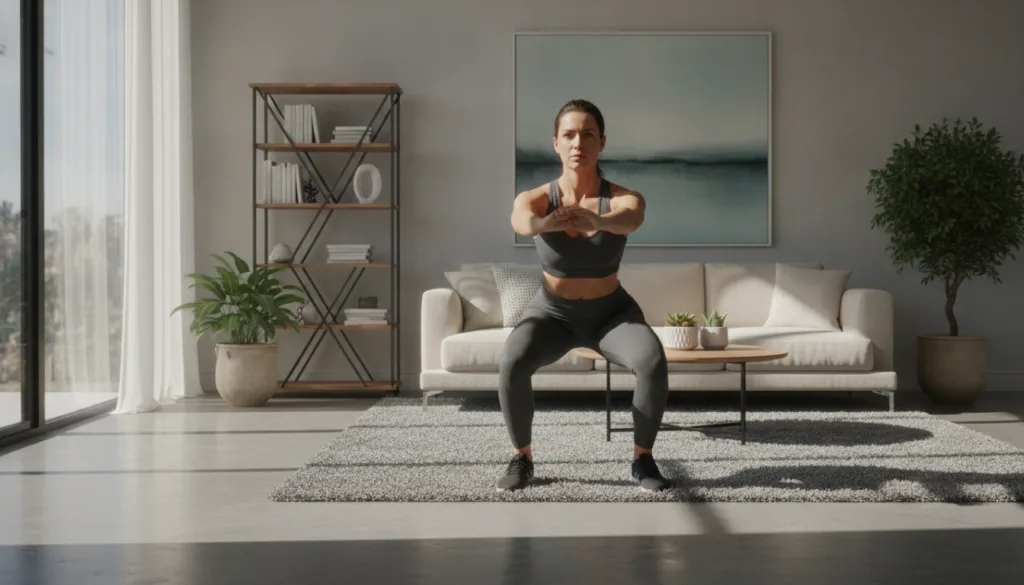 A person demonstrating a bodyweight squat in a bright modern living room with natural light coming through a window The 