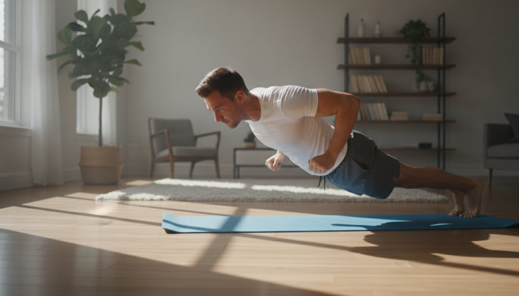 A person performing a perfect push-up on a yoga mat at home showing good form and core engagement