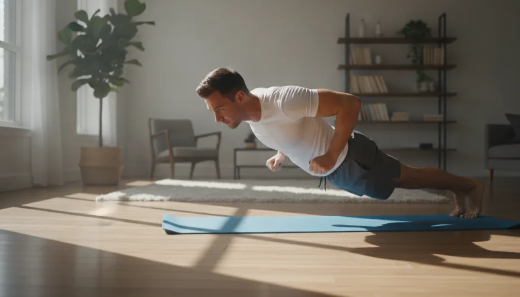 A person performing a perfect push-up on a yoga mat at home showing good form and core engagement