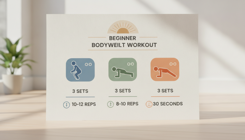 A visual representation of a simple beginner workout plan laid out showing exercises sets and reps