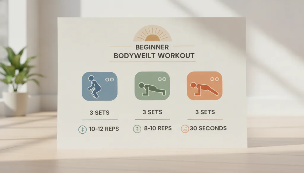 A visual representation of a simple beginner workout plan laid out showing exercises sets and reps