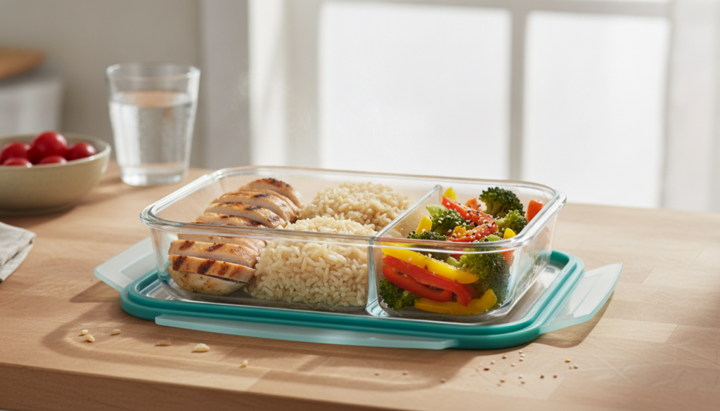 A vibrant balanced meal prep container filled with lean protein complex carbohydrates and colorful vegetables emphasizin