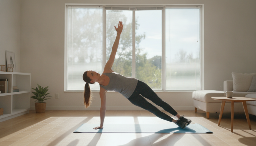 A woman performing a side plank exercise in a brightly lit home living room She is focused and demonstrating good form