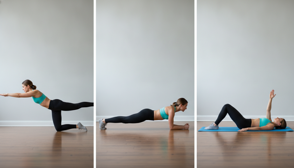 A graphic or illustration showing a person performing three different core exercises e g Bird-Dog Plank Dead Bug with cl