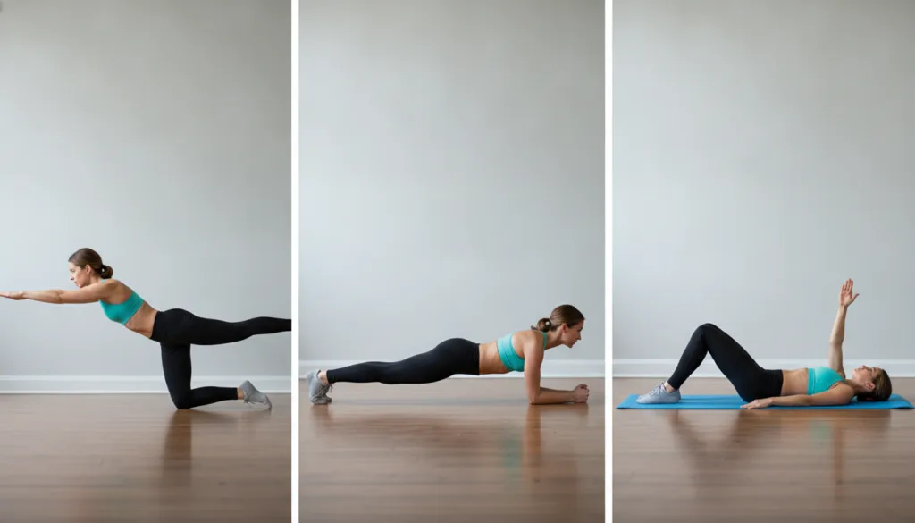A graphic or illustration showing a person performing three different core exercises e g Bird-Dog Plank Dead Bug with cl