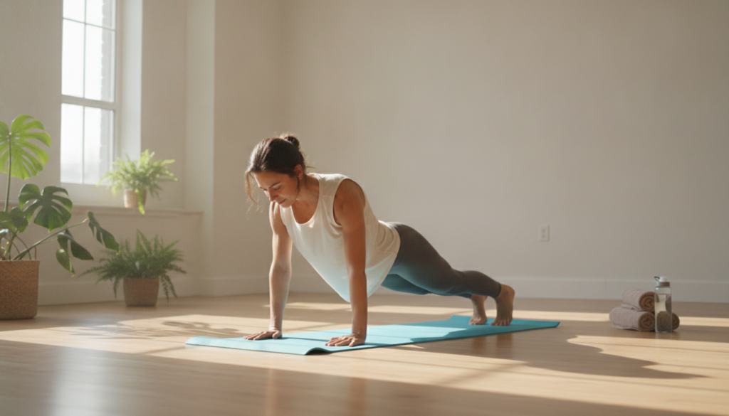 A person in athletic wear doing a gentle morning core exercise on a yoga mat in a brightly lit room with natural light T