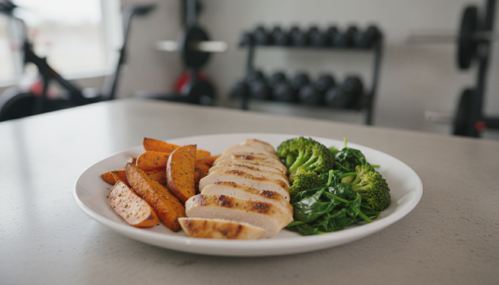 A vibrant balanced post-workout meal with grilled chicken sweet potato and green vegetables placed on a modern kitchen c
