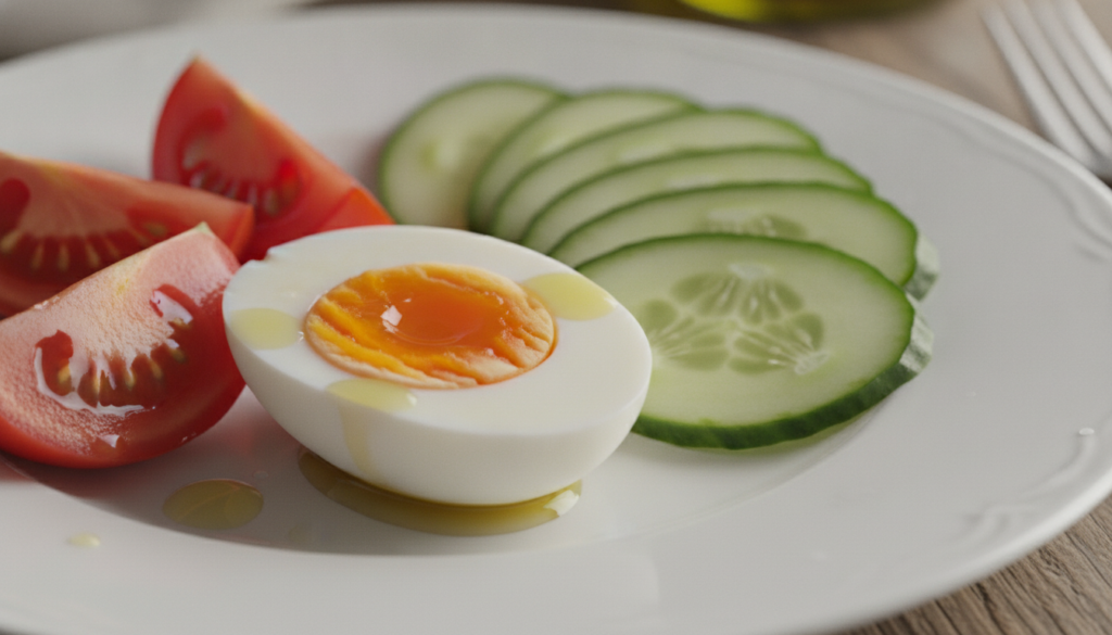 A close-up shot of a perfectly peeled boiled egg sliced in half next to vibrant red tomato wedges and refreshing green c
