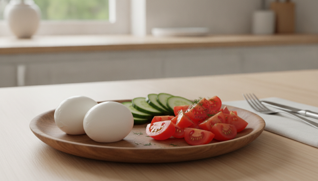 A vibrant healthy breakfast featuring two boiled eggs sliced cucumber and chopped tomatoes arranged neatly on a plate wi