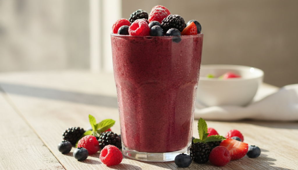 A vibrant refreshing berry smoothie or drink in a glass with fresh berries scattered around The lighting is bright and n