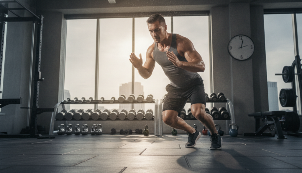 A dynamic person performing a high-intensity workout possibly burpees or kettlebell swings in a gym setting They are ene