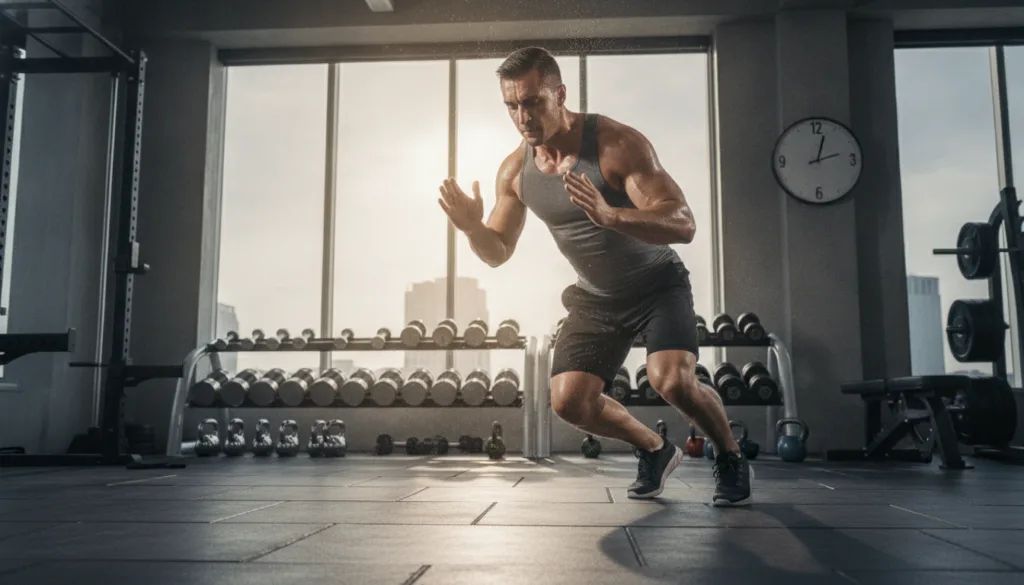 A dynamic person performing a high-intensity workout possibly burpees or kettlebell swings in a gym setting They are ene
