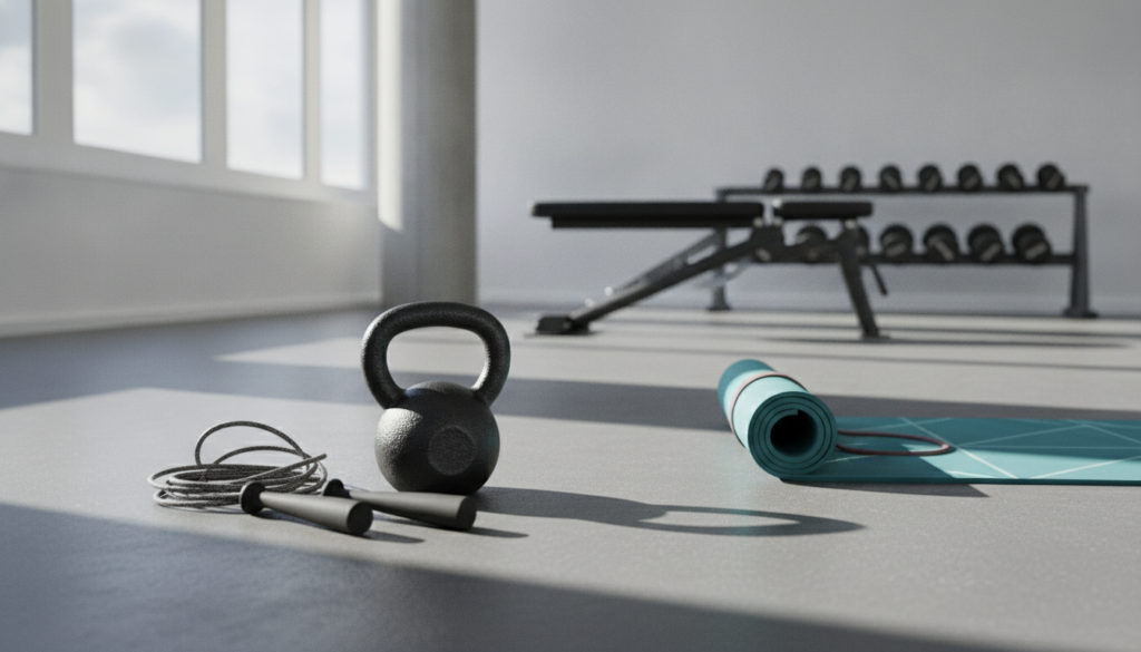 A variety of fitness equipment arranged to suggest a high-intensity workout circuit including a kettlebell jump rope and