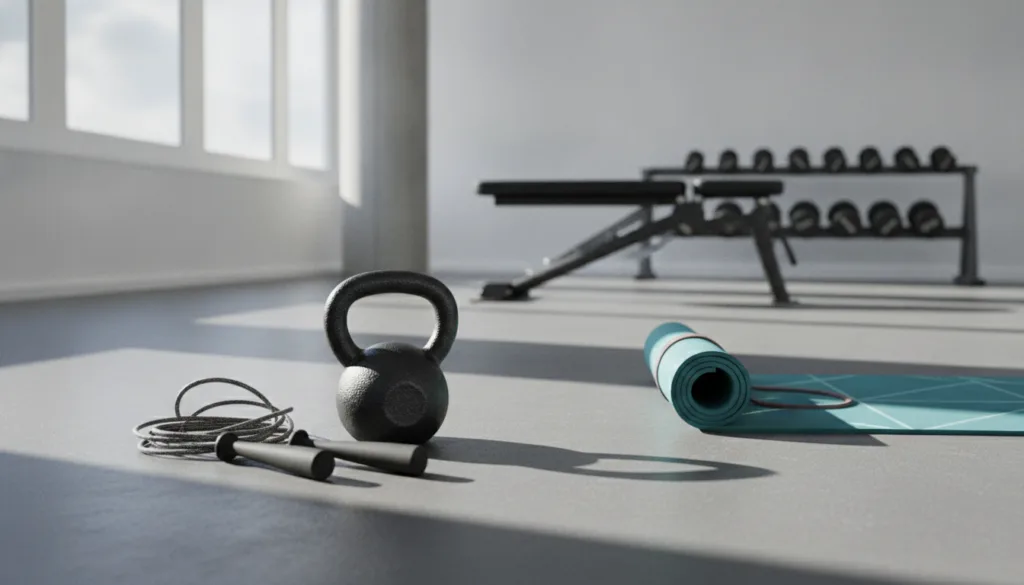 A variety of fitness equipment arranged to suggest a high-intensity workout circuit including a kettlebell jump rope and