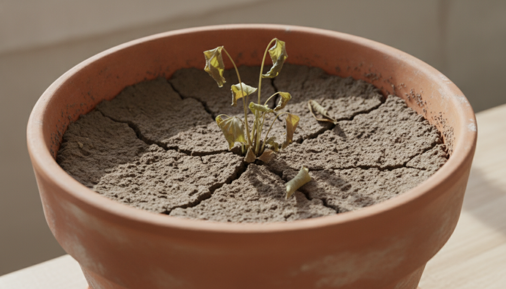 A plant in a pot with visibly compacted and cracked potting soil appearing dry and hard