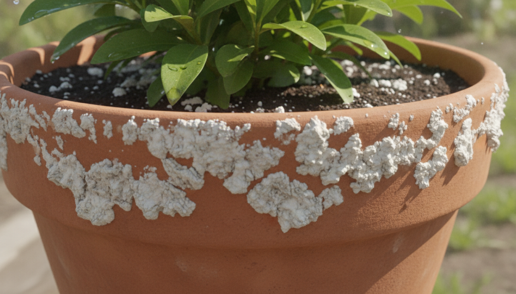 A terracotta pot with white crusty mineral buildup on its rim and on the soil surface near the base of a plant