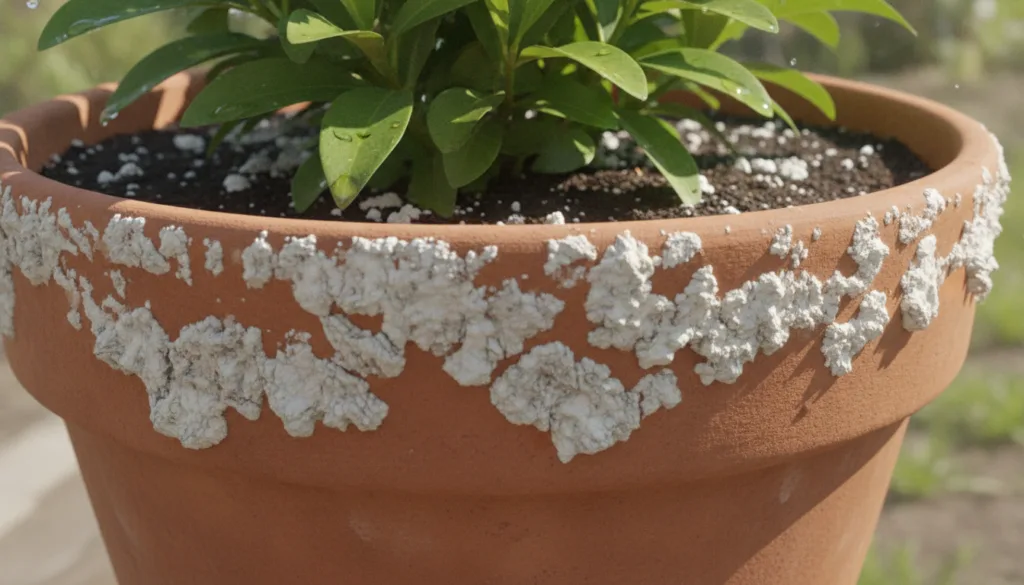 A terracotta pot with white crusty mineral buildup on its rim and on the soil surface near the base of a plant