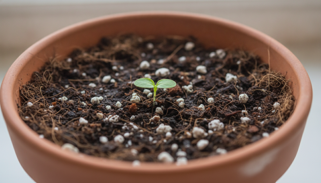 A close-up of rich dark healthy potting soil with some perlite and coco coir visible a small green seedling or sprout em