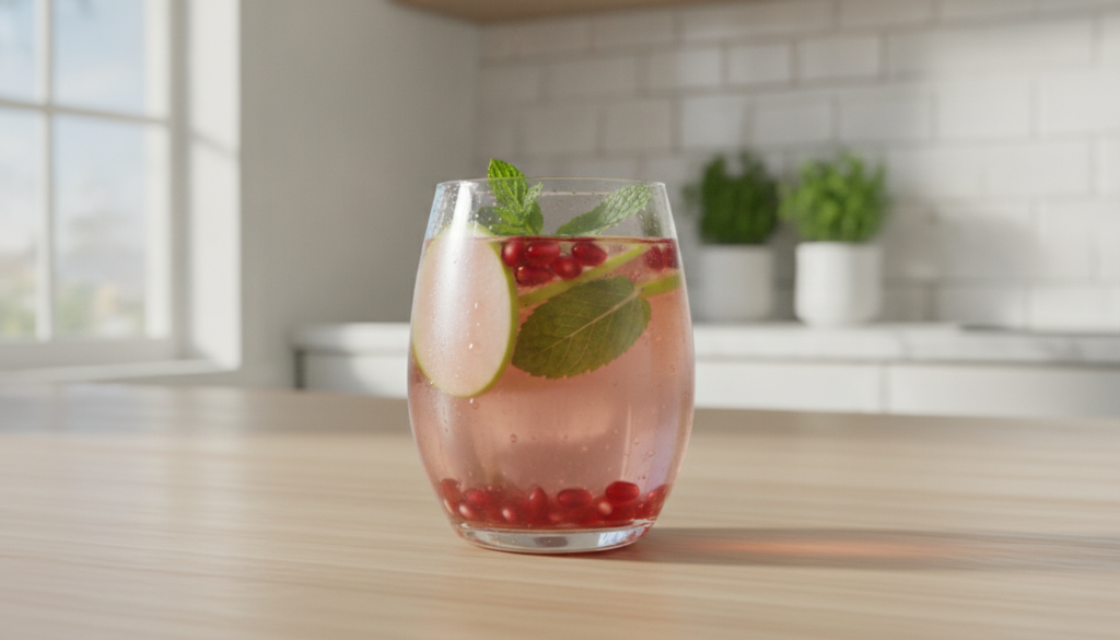 A vibrant refreshing skin elixir drink in a clear glass garnished with pomegranate seeds apple slices and mint leaves pl