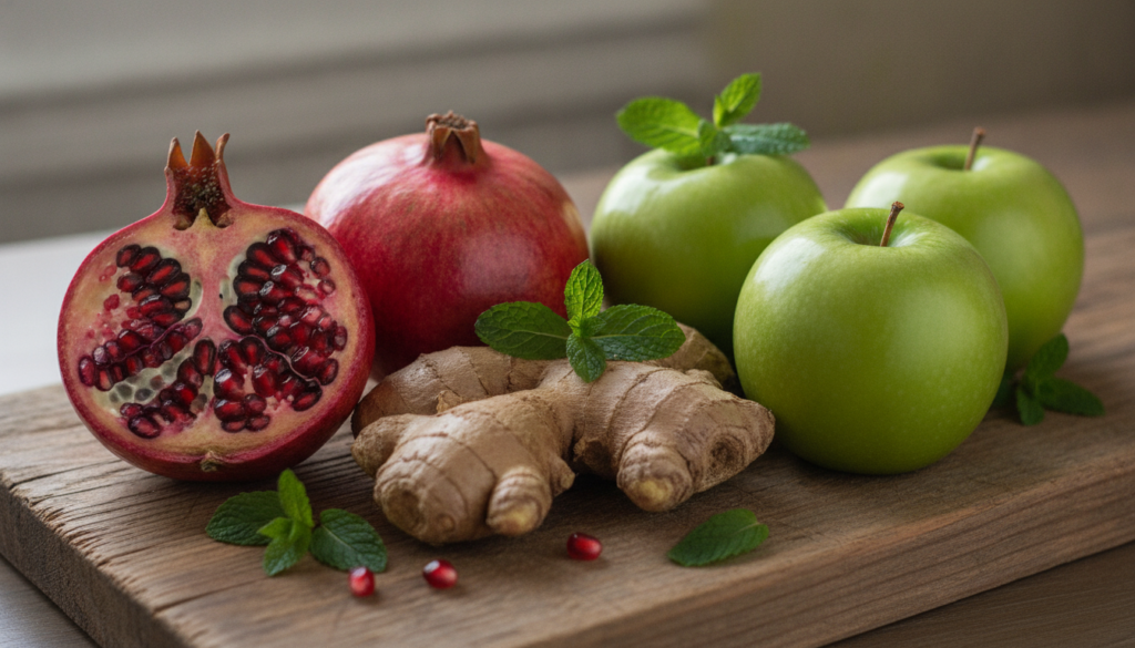 Close-up of fresh pomegranates green apples a knob of ginger and fresh mint leaves artfully arranged on a rustic wooden 