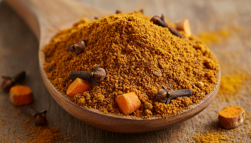 A close-up of a clove and turmeric mixture on a wooden spoon emphasizing their vibrant colors and texture suggesting a n