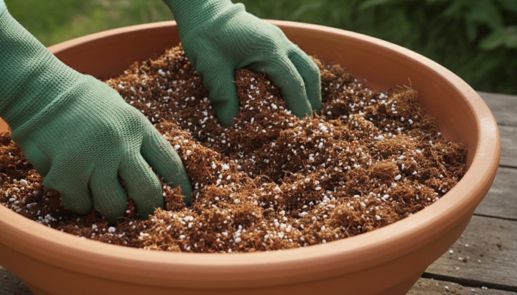 A pair of hands wearing gardening gloves mixing various potting mix ingredients like peat moss perlite and compost in a