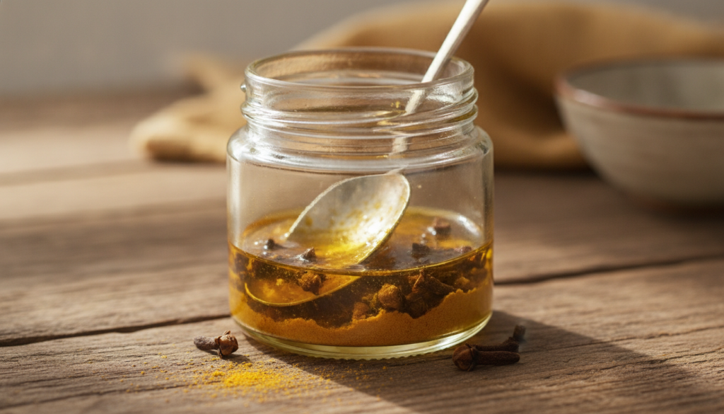 A small glass jar with turmeric powder whole cloves and a clear carrier oil being mixed on a natural wooden surface