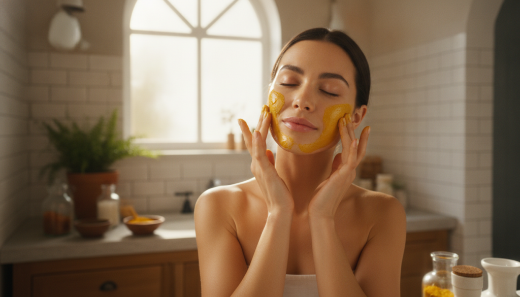 A woman gently applying a homemade oil to her face with glowing healthy skin in a warm and natural setting