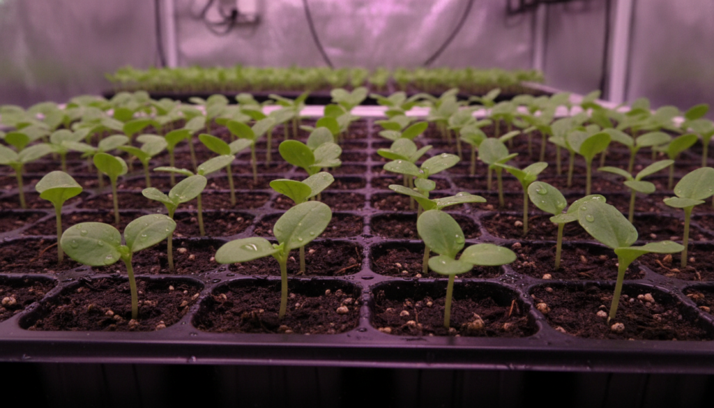 Young vibrant green seedlings growing in a seed tray under the warm glow of LED grow lights showcasing healthy early gro