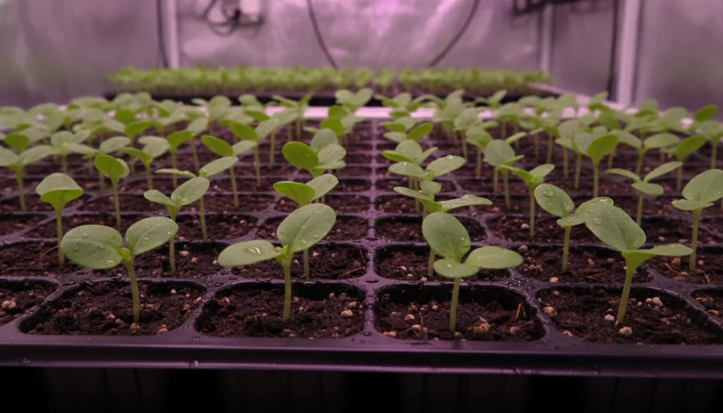 Young vibrant green seedlings growing in a seed tray under the warm glow of LED grow lights showcasing healthy early gro