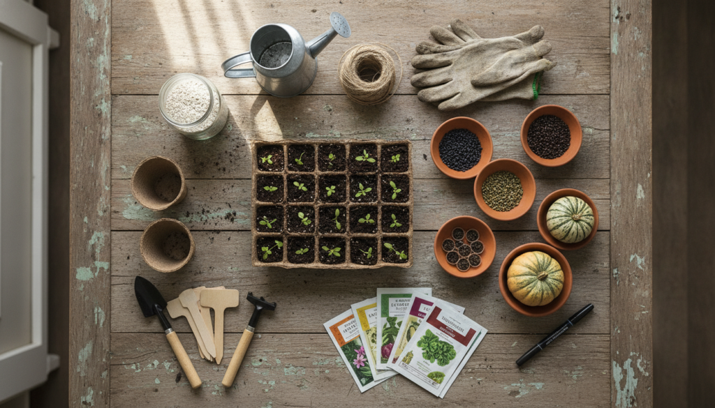 A collection of seed starting supplies laid out on a table including seed packets small terracotta pots plastic seed tra