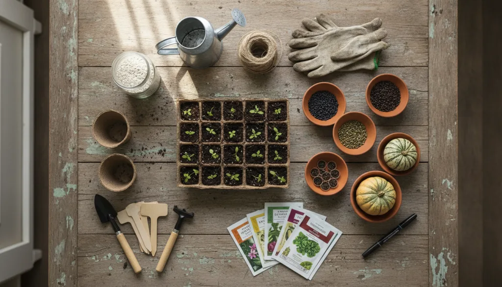 A collection of seed starting supplies laid out on a table including seed packets small terracotta pots plastic seed tra