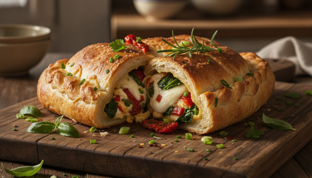 A beautifully baked golden-brown vegan stuffed bread boat sliced open to reveal a vibrant creamy plant-based filling wit