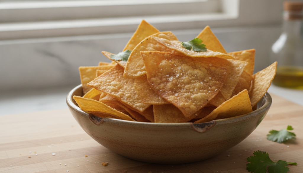 A close-up shot of perfectly golden crispy homemade tortilla chips stacked in a rustic bowl with a scattering of sea sal