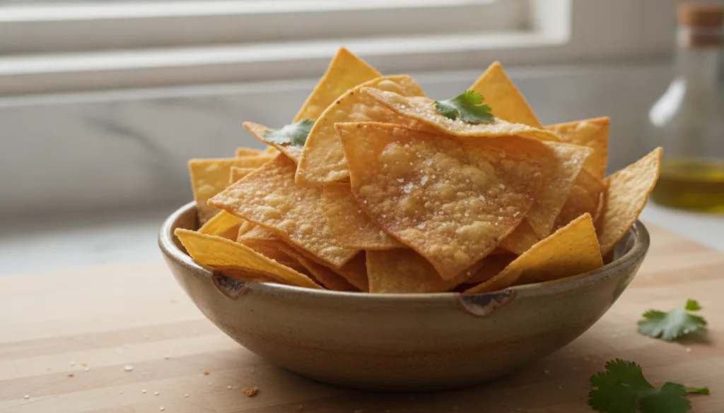 A close-up shot of perfectly golden crispy homemade tortilla chips stacked in a rustic bowl with a scattering of sea sal