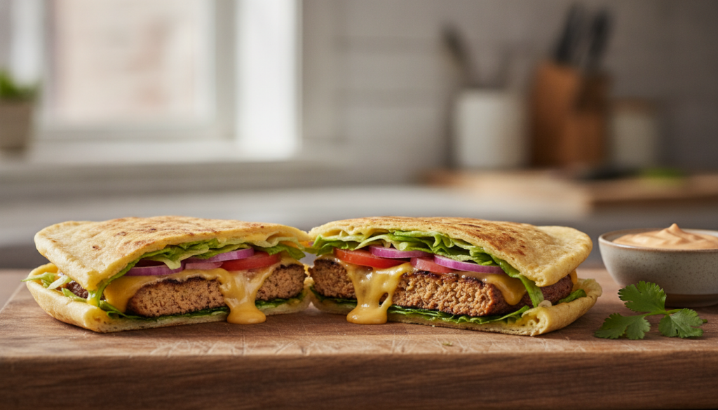A perfectly cooked golden-brown vegan cheeseburger tortilla hack cut in half to show the melted vegan cheese plant-based
