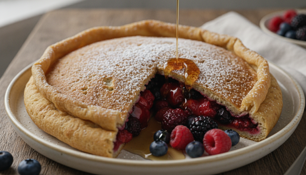A beautifully cooked golden-brown giant stuffed vegan pancake sliced open to reveal a warm berry filling presented on a