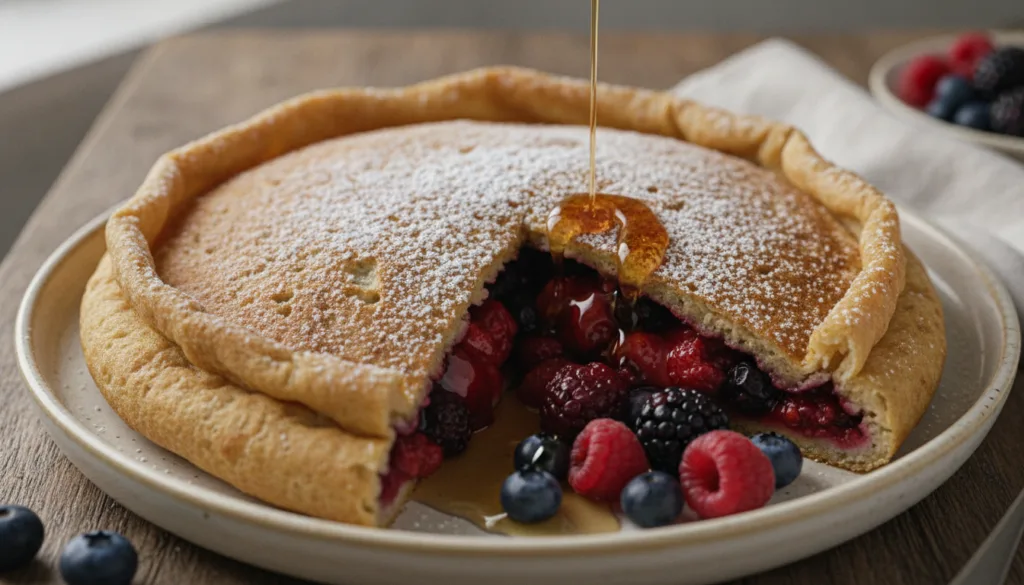 A beautifully cooked golden-brown giant stuffed vegan pancake sliced open to reveal a warm berry filling presented on a 