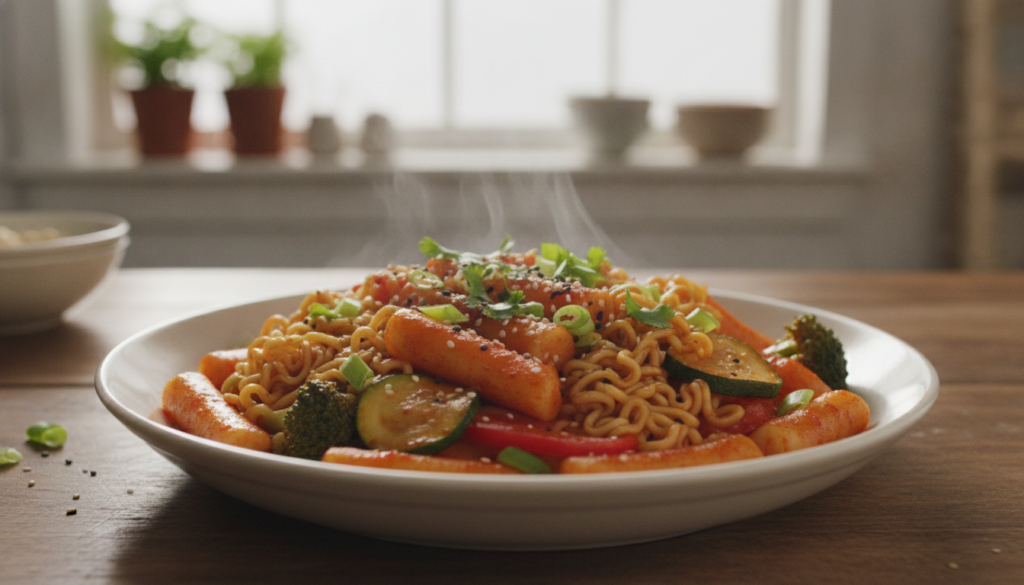 A vibrant and steaming bowl of vegan rabokki featuring glossy red rice cakes ramen noodles green onions and colorful veg