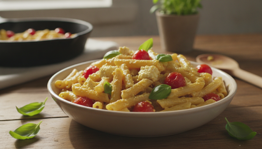 A vibrant bowl of baked vegan feta pasta with cherry tomatoes basil and creamy vegan feta sauce ready to be served