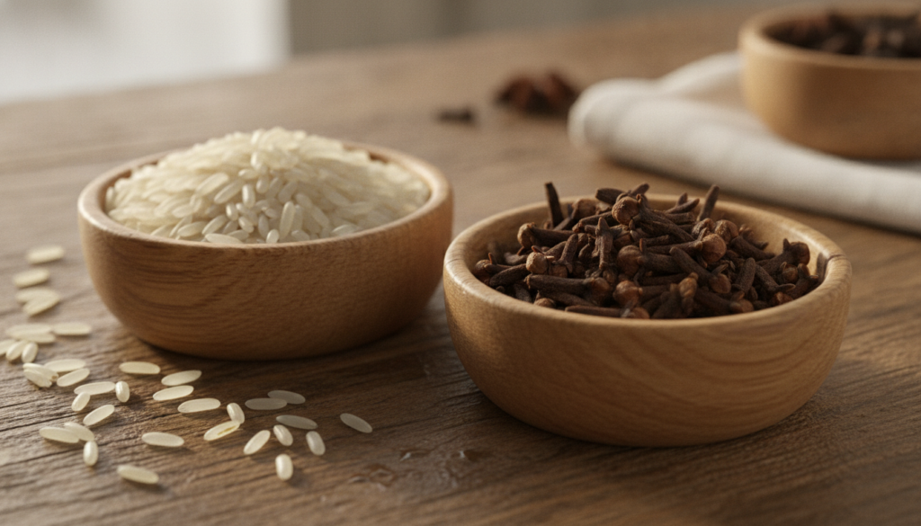 A close-up shot of dry rice grains and whole cloves arranged neatly perhaps in small wooden bowls or on a rustic wooden