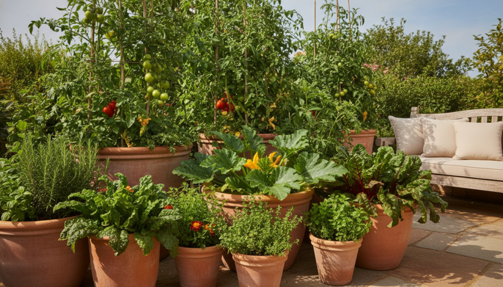 A vibrant and lush container garden filled with various healthy vegetables and herbs on a sunny patio