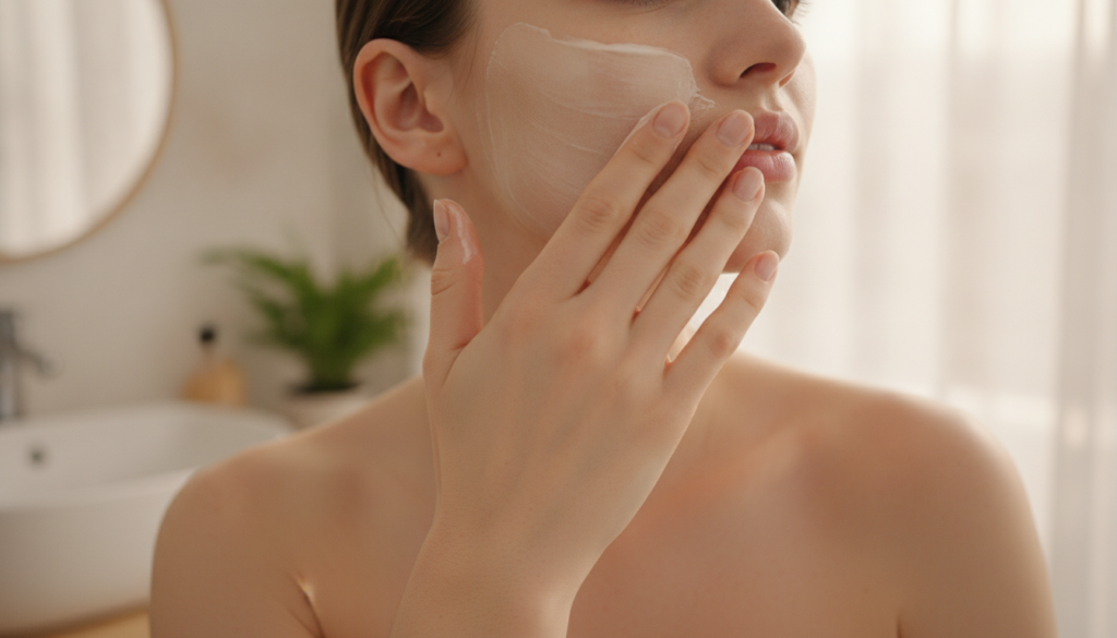 A close-up of a woman s hand gently massaging a face mask onto her cheek with a blurred background